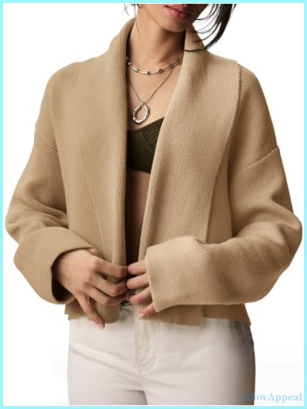 Cropped Open Front Cardigan Long Sleeve Lapel Collar Formal Sweater